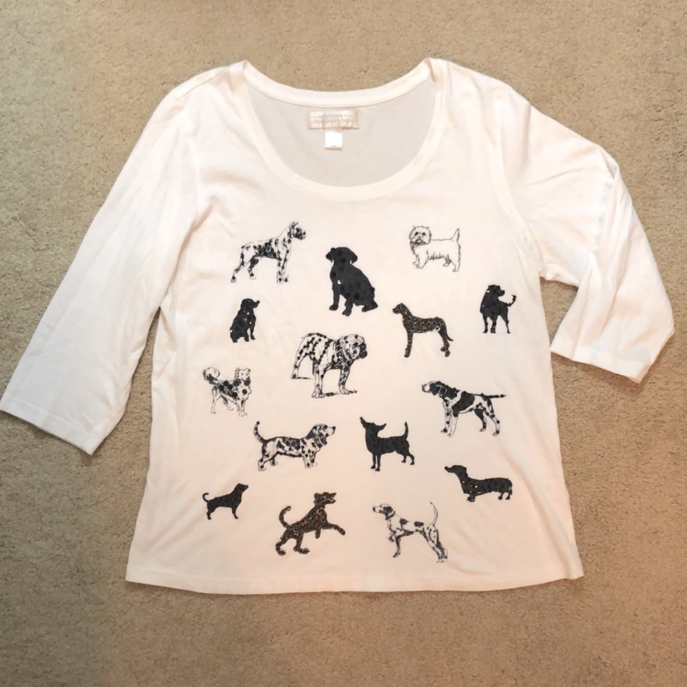 Christopher & Banks Sequined Dog 3/4 Tee, Sz-M, White & Black Dogs, SO Cute! 🐶